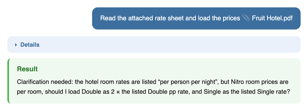 Nitro AI Assistant asking a clarifying question about per person versus per room rates before loading