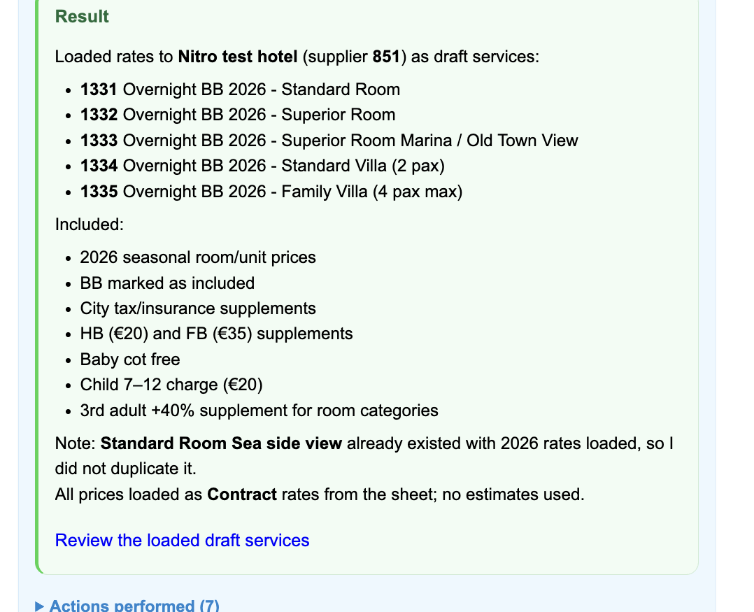 Nitro AI Assistant confirming loaded rates and results after approval