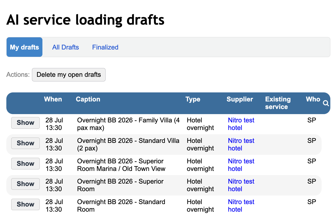 Nitro drafts list showing loaded rates pending review before confirmation