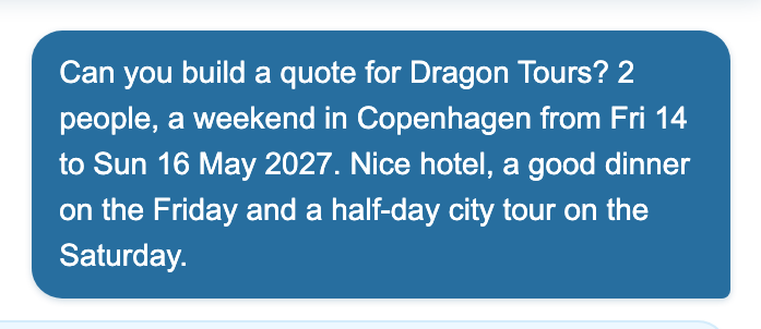 A short typed request to Nitro AI: quote for 2 people, weekend in Copenhagen