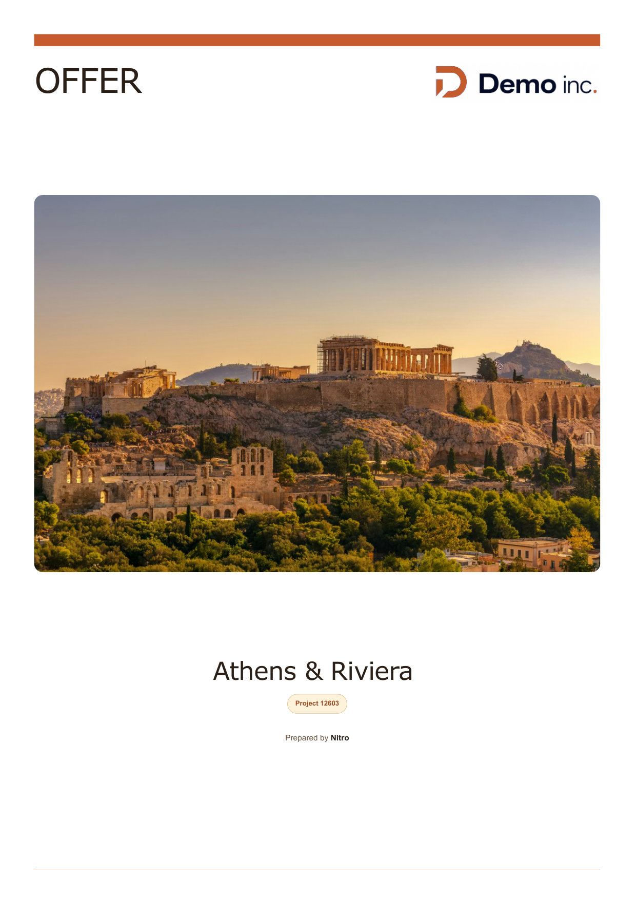 PDF offer cover page for Athens and the Riviera, branded with the tour operator logo